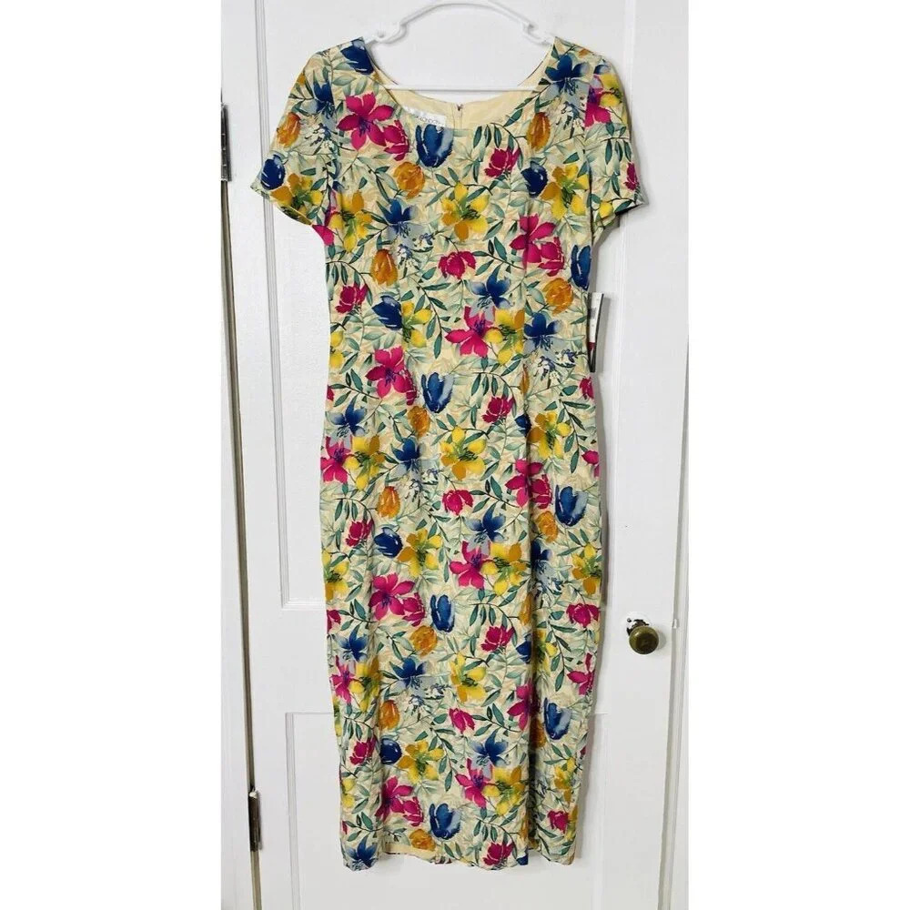 Vtg Maggie London Dress 12 Silk Midi Deadstock Floral Tie Back Retro Button Slit